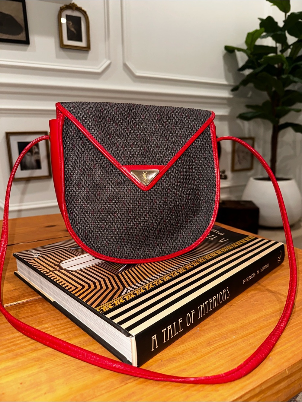 Vintage YSL Yves Saint Laurent Textured Canvas & Red Leather Crossbody Flap Bag